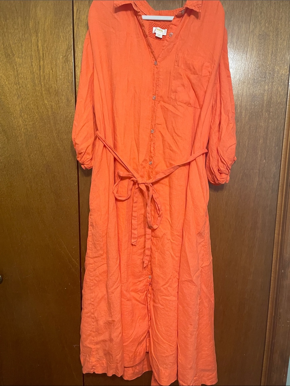 Maeve by Anthropologie 3x Bright Melon Coral Linen Button Down Maxi Dress w/ Tie